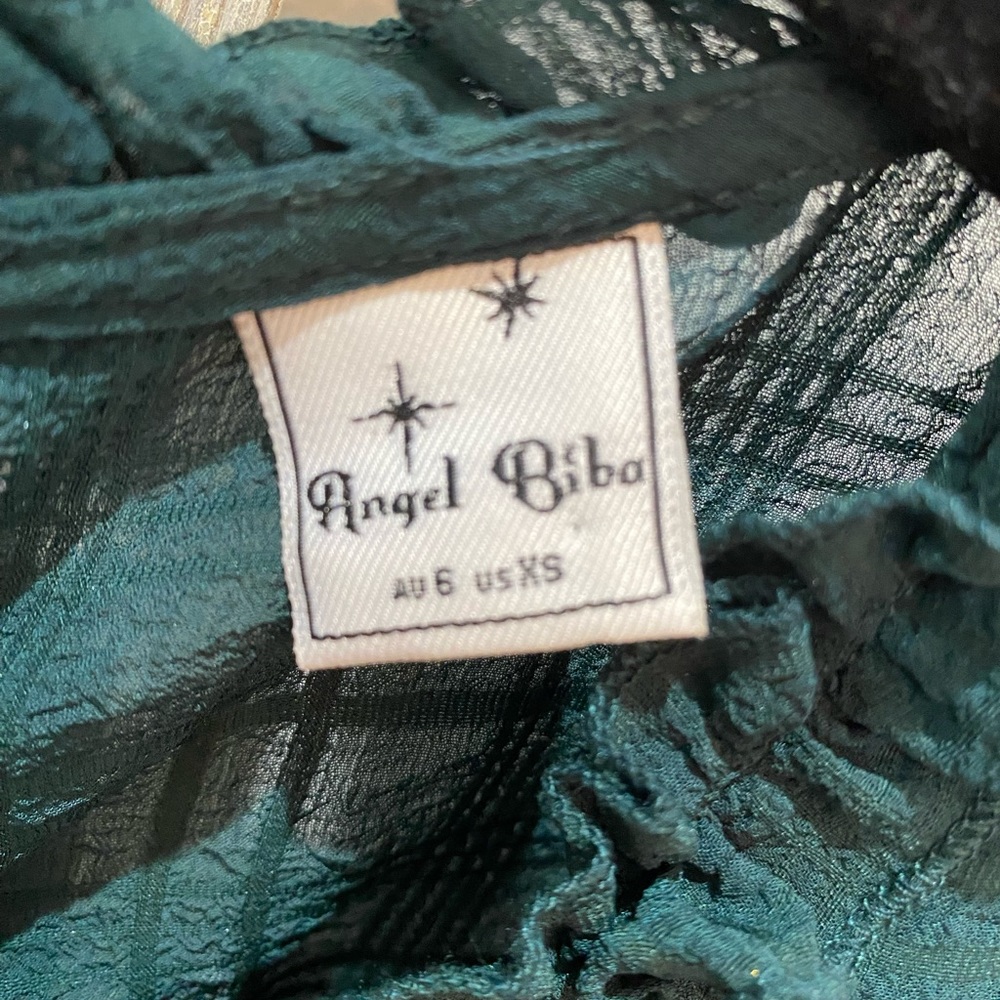 Angel Biba Emerald Green Cutout Back Long Balloon Sleeve Tiered Dress Size XS - Picture 3 of 7